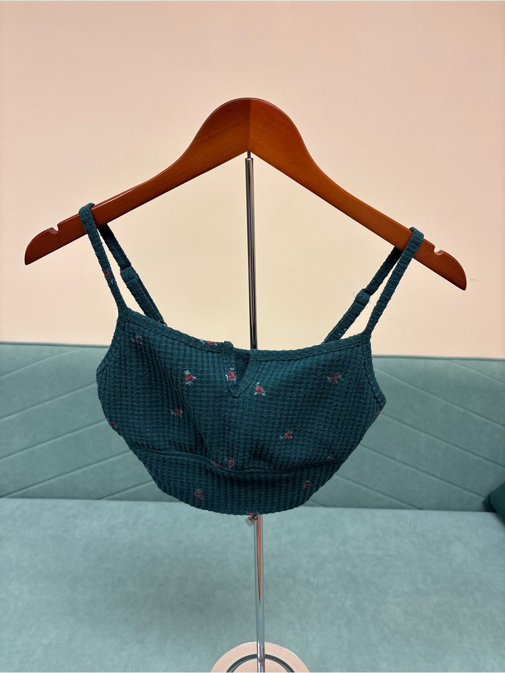 Gilly Hicks Teal Waffle Knit Bralette with Pink Floral Accents